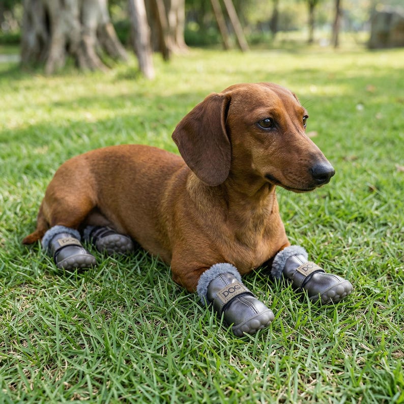 May include: A brown Dachshund dog wearing four gray dog boots with the word "DOG" on the straps, lying on green grass. The boots have a faux fur trim. The dog is outdoors in a park setting.