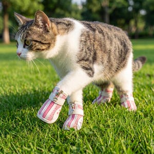 May include: A tabby cat with white markings wearing pink and white striped boots with silver buckles, walking on green grass. The cat is in a natural outdoor setting.