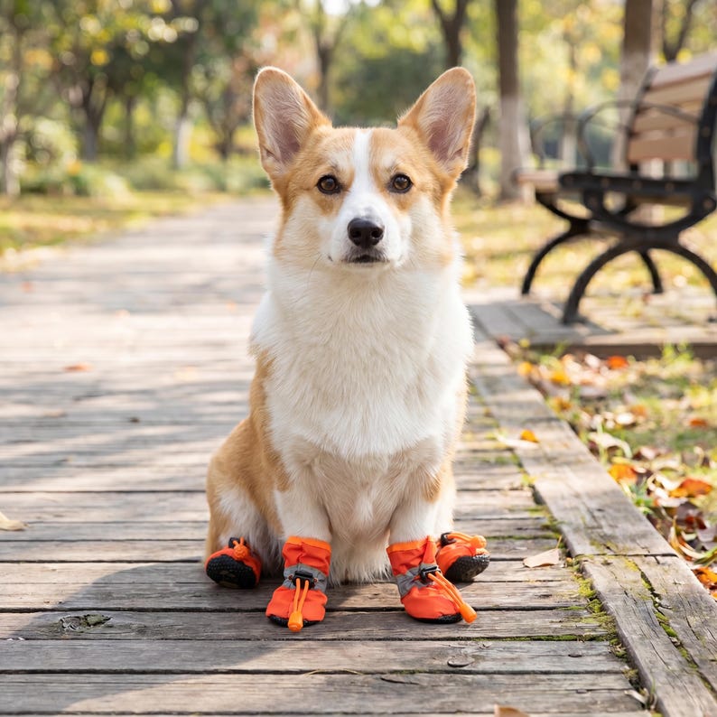 May include: A Pembroke Welsh Corgi wearing orange and grey dog boots, sitting on a wooden walkway. The dog has a white and tan coat and is looking at the camera. The background includes a park setting with trees and a bench.