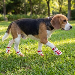 May include: A Beagle dog wearing red and white dog boots walks on green grass. The boots have a red and white striped design with a velcro strap. The dog has a brown and white coat and is in a grassy outdoor setting.