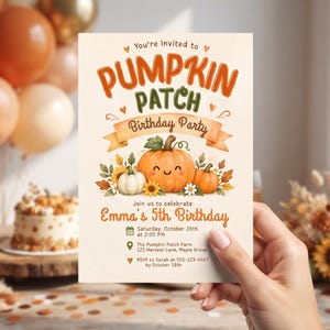 May include: A rectangular invitation card featuring the text You're Invited to PUMPKIN PATCH Birthday Party. It displays illustrations of three pumpkins with smiling faces, sunflowers, and autumn leaves. The card includes details for Emma's 5th Birthday.
