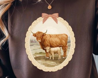 Highland Kuh Mama Baby PNG, Vintage Bauernhaus Spitzenrahmen Sublimationsdesign (digitaler Download)