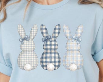 Blaues Gingham Häschen-Trio PNG, Aquarell Ostern Clipart, Bauernhaus Sublimationsdesign, digitaler Download