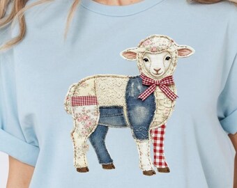 Patchwork Lamm Clipart, Cottagecore Schaf PNG, Bauernhof Tier Design, digitaler Download