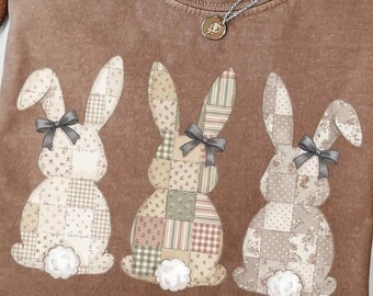 Patchwork Quilt Häschen Trio Clipart, gemütliche Ostern Cottagecore PNG (digitaler Download)