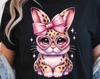 Leopard Bunny PNG, Kokette Kaninchen mit Schleife und Brille, süße Osterhase Clipart, Pink Preppy Bunny Design, Sublimation PNG, Cricut Datei
