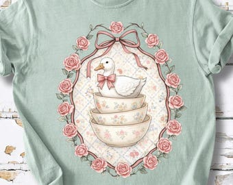 Vintage Thrifted Cameo Gans Png, Trendiges Ostergans Design, Oma Pullover Png, Gemütlicher Retro CottageCore, Rosa Bogen Blumen Cameo Tierrahmen