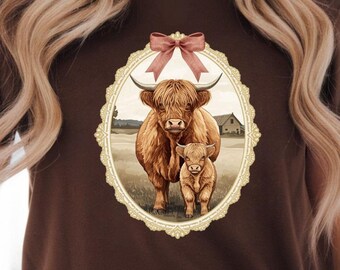 Vintage Bauernhaus Highland Kuh Mama Baby Shirt Png, rustikale Western Oma Core Design, ovaler Rahmen Coquette CottageCore, Highland Kuh Png
