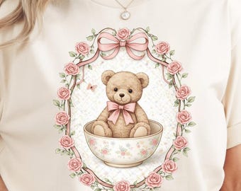 Vintage Thrifted Cameo Bär Png, Oma Kern Trendy Png, Coquette CottageCore Ovaler Rahmen Teddybär Sublimation, Gehöft Bauernhaus