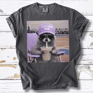May include: Dark gray t-shirt featuring a graphic of a raccoon wearing sunglasses and a purple hat that says "I LIVE HERE NOW." The raccoon is sitting in a purple chair and drinking an iced coffee.