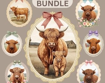 Highland Kuh Cameo PNG Bundle, Cottagecore Bauernhaus Clipart (8 Designs)