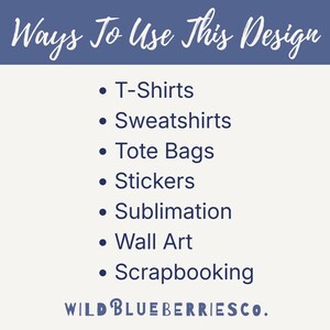 May include: A light beige graphic with the text "Ways To Use This Design" in a script font. Below, bullet points list product applications: T-shirts, sweatshirts, tote bags, stickers, sublimation, wall art, and scrapbooking. The Wild Blueberries Co. logo is at the bottom.