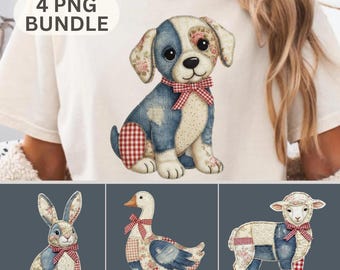 Patchwork Bauernhof Tiere PNG Bundle, gesteppte Cottagecore Clipart, Sublimationsdesign, sofortiger digitaler Download