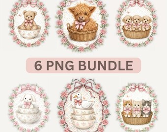 Cottagecore Bauernhaus Tier PNG Bundle, Hase Highland Kuh Gans Bär Katze Hund Vintage Korb Designs, Rosa Schleife Blumen Cameo Transparent PNG