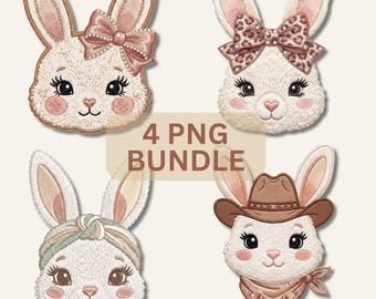 Gestickter Hase als PNG-Bundle, Osterhasen-Gesichter, Frühling Koquette Designs (Digitaler Download)
