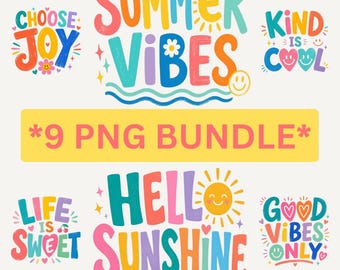 Positive Zitate 9 PNG Bundle, Preppy Boho Design, Buntes Shirt Paket, Freundlichkeit Freude Sommer Gute Stimmung Grafiken, Retro Inspirational PNG