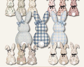 Neutrales Osterhasen-PNG-Bundle, Cottagecore-Plaid, Blumenmuster, Patchwork-Kaninchen (Digitaler Download)