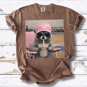May include: Brown t-shirt featuring a graphic of a raccoon wearing sunglasses and a pink hat that says "I LIVE HERE NOW." The raccoon is sitting in a pink chair and drinking from a cup with a straw.