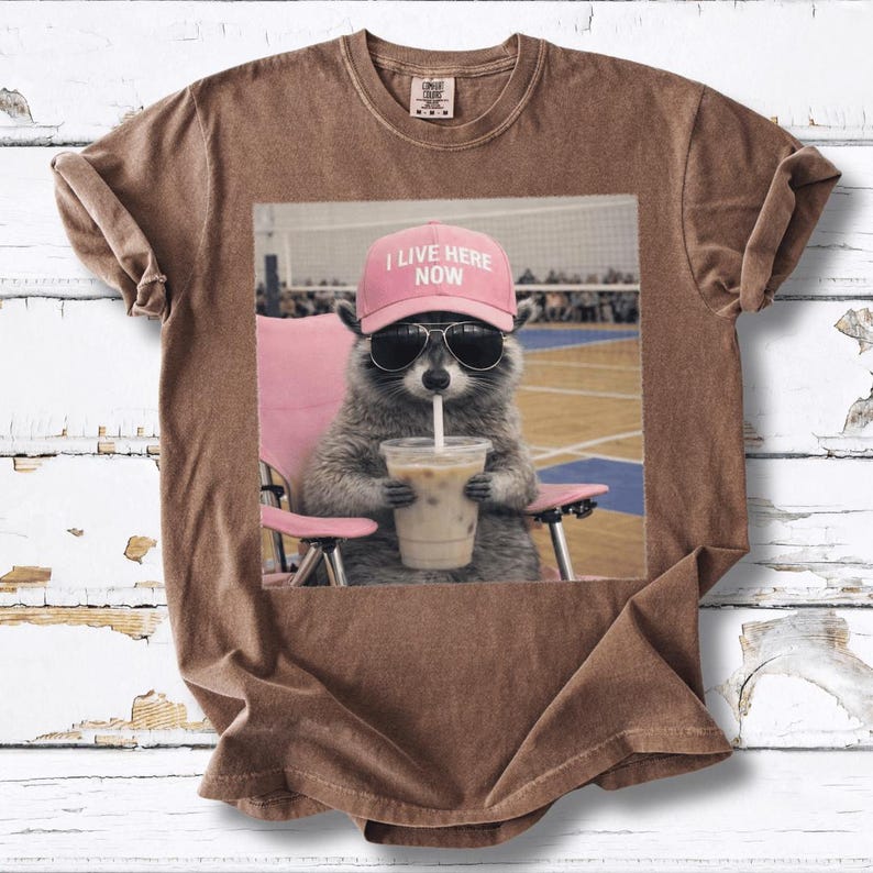 May include: Brown t-shirt featuring a graphic of a raccoon wearing sunglasses and a pink hat that says "I LIVE HERE NOW." The raccoon is sitting in a pink chair and drinking from a cup with a straw.
