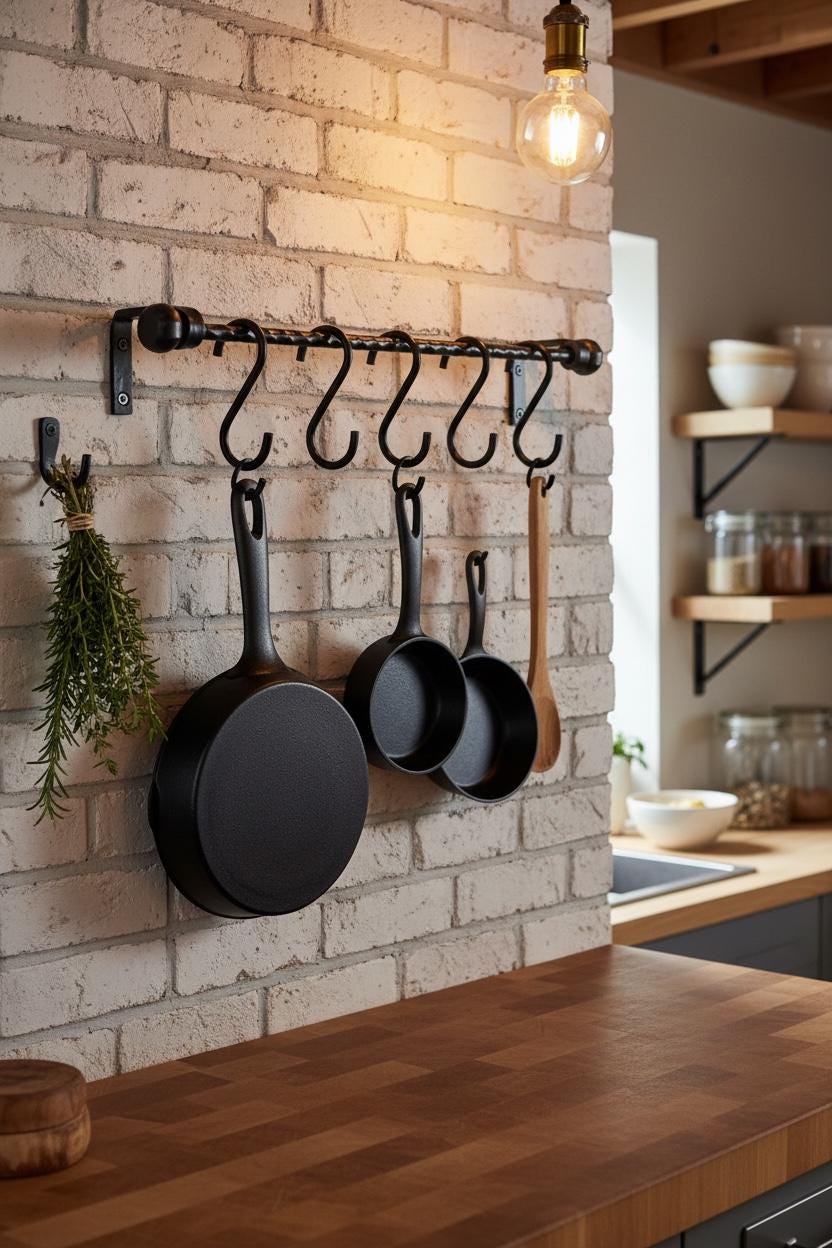 Pan Rails Industrial Hammered Wall Pan Rail, Hand Forged Kitchen Rail With S ...