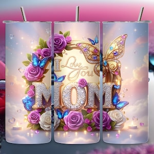 Op de afbeelding: Een roestvrijstalen beker met de tekst "I Love You Mom". Het ontwerp bevat een vlinder, rozen en het woord "MOM" in sprankelende letters. De achtergrond is een zachte mix van roze en blauw.