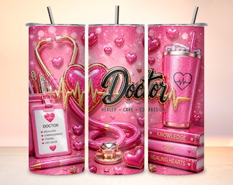 Nurse Doctor Sublimation Wrap | Pink Glitter Skinny Tumbler PNG Download
