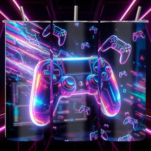 Adesivo para copo térmico com estampa de controle de videogame neon, design cyberpunk para gamers, copo térmico fino de 590ml (20oz) PNG