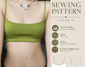 May include: A solid olive green scoop neck crop top with thin spaghetti straps. The image includes text: SCOOP BRA LETTER SEWING PATTERN, FITTED CROP TOP, PDF PATTERN A4 AND A0 FORMATS, SIZES XXS - XXL, LEVEL CONFIDENT BEGINNER, DIGITAL DOWNLOAD.
