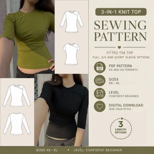 Patrón de costura en PDF para camiseta ajustada estilo años 2000 / Camiseta básica de punto / 3 opciones de manga / XXS–XL