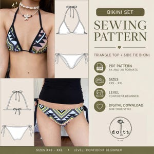 Könnte beinhalten: Ein digitales Schnittmuster für ein Bikini-Set mit Triangel-Oberteil und seitlich zu bindender Bikini-Hose. Das Muster enthält A4- und A0-PDF-Formate für die Größen XXS bis XXL. Das Design zeigt ein geometrisches Muster in Schwarz, Weiß und Gelb.