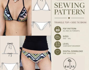 Triangle Bikini Set Sewing Pattern PDF, String Bikini Top & Side Tie Bikini Bottom Pattern, Swimwear Pattern, Bikini PDF Pattern