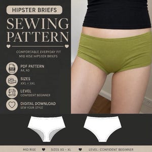 Op de afbeelding: Een digitaal naaipatroon voor hipster slips met een gemiddelde taillehoogte. De afbeelding bevat de tekst HIPSTER BRIEFS SEWING PATTERN, PDF PATTERN A4, A0, SIZES XXS-XXL, LEVEL CONFIDENT BEGINNER en DIGITAL DOWNLOAD. Olijfgroene slips zijn getoond.