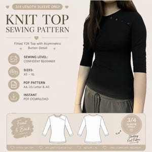 May include: Black knit top sewing pattern with 3/4 sleeves and an asymmetric button detail. The pattern includes sizes XS-XL and is designed for confident beginners. The image also shows a finished black top with a fitted Y2K style.