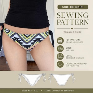 May include: A side tie bikini sewing pattern featuring a black, white, and yellow geometric print. The digital download includes PDF patterns in A4 and A0 formats for sizes XXS to XXL. The design is for a confident beginner skill level.