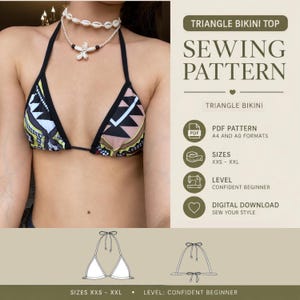 May include: A triangle bikini top sewing pattern featuring a digital download for sizes XXS to XXL. The pattern includes PDF files in A4 and A0 formats for a confident beginner level. The design displays a geometric print with black trim.
