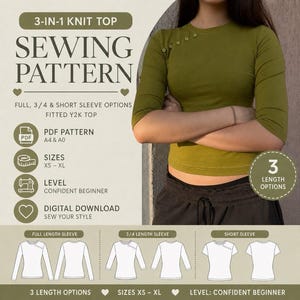 May include: A digital sewing pattern for a 3-in-1 knit top featuring a fitted olive green shirt with button details. The pattern includes PDF files for A4 and A0 formats, sizes XS to XL, and three sleeve length options: full, 3/4, and short sleeves.