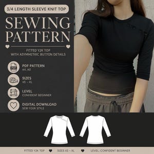 Mönster för långärmad t-shirt med figurnära passform | Qipao Y2K-topp XS–XL (PDF-mönster)