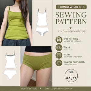 Y2K Lounge Set Sewing Pattern PDF, Camisole and Hipster Briefs, XXS-XXL