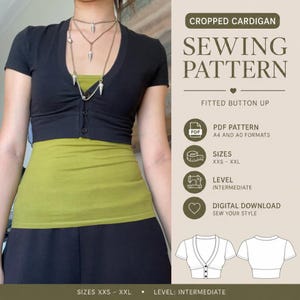 May include: A black cropped cardigan sewing pattern featuring a fitted button-up design. The text reads CROPPED CARDIGAN SEWING PATTERN, FITTED BUTTON UP, PDF PATTERN A4 AND A0 FORMATS, SIZES XXS - XXL, LEVEL INTERMEDIATE, DIGITAL DOWNLOAD SEW YOUR STYLE.
