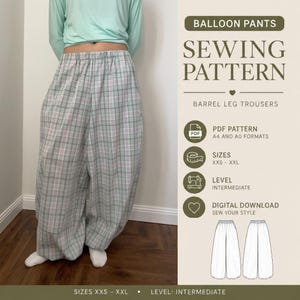 Puede incluir: Patrón de costura para pantalones tipo globo o barril. La descarga digital incluye formatos PDF A4 y A0 para tallas de la XXS a la XXL. El proyecto de nivel intermedio presenta una tela con estampado de cuadros en verde claro, rosa y gris.