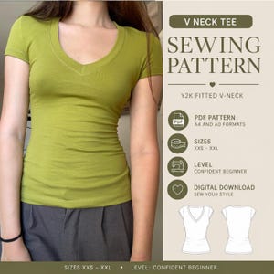 Può includere: Una t-shirt verde lime a maniche corte con scollo a V. L'immagine include il testo: V NECK TEE SEWING PATTERN, Y2K FITTED V-NECK, PDF PATTERN A4 AND A0 FORMATS, SIZES XXS-XXL, LEVEL CONFIDENT BEGINNER, DIGITAL DOWNLOAD SEW YOUR STYLE e disegni.