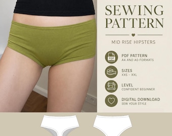 May include: Olive green mid-rise hipster briefs sewing pattern. The image displays the briefs on a body, alongside text: HIPSTER BRIEFS SEWING PATTERN, MID RISE HIPSTERS, PDF PATTERN A4 AND A0 FORMATS, SIZES XXS - XXL, LEVEL CONFIDENT BEGINNER, DIGITAL DOWNLOAD.