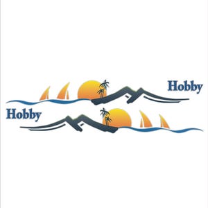 May include: A logo featuring a stylized ocean scene with orange sailboats, a setting sun, and palm trees. The word "Hobby" is written in blue, arched above and below the scene. The design is set against a white background.
