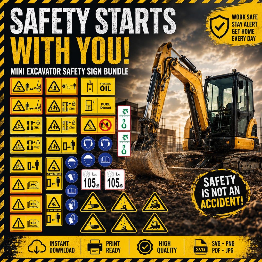 Sticker Decal Warning Mini Excavator Toyota Terex Hitachi Yanmar Kubota ...