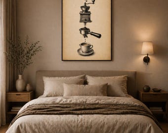 Cuadro decorativo "Ritual del café del grano a la taza", ilustración vintage, decoración minimalista para la cocina.