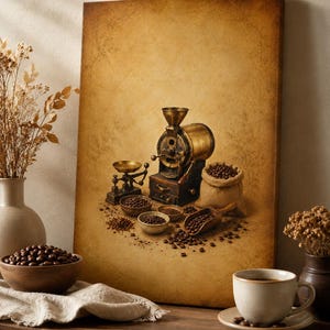 Vintage Kaffeeröster Leinwandkunst, Sepia Kaffeebar Wanddekor, Cafe Röstdruck