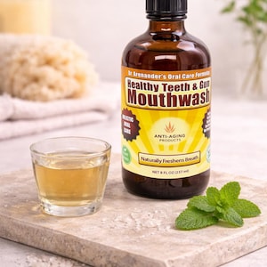 May include: A brown glass bottle of mouthwash with a black cap, a small glass of mouthwash, and a sprig of mint on a stone surface. The bottle label reads "Healthy Teeth & Gum Mouthwash" and "Naturally Freshens Breath". The bottle contains 8 fl oz (237 ml).
