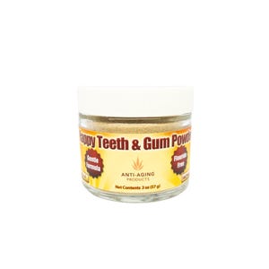 May include: A clear glass jar with a white lid containing Happy Teeth & Gum Powder. The label includes the text "Gentle Formula" and "Fluoride Free". The jar contains 57 grams of product and is labeled "ANTI-AGING PRODUCTS".