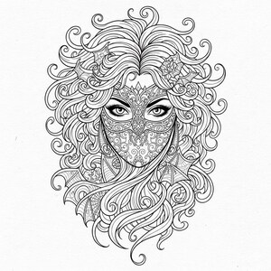 May include: Detailed black and white illustration of a woman wearing an ornate mask. Her long, curly hair frames her face, with decorative elements like stars and a rose. The mask features intricate patterns, creating a mysterious and elegant design.