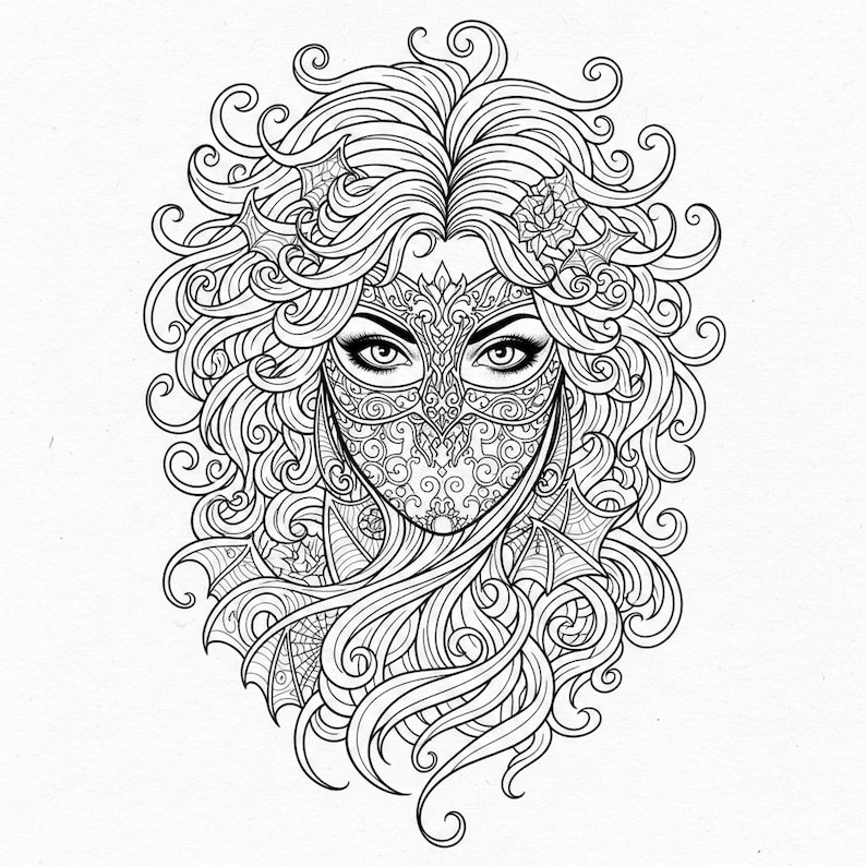 May include: Detailed black and white illustration of a woman wearing an ornate mask. Her long, curly hair frames her face, with decorative elements like stars and a rose. The mask features intricate patterns, creating a mysterious and elegant design.